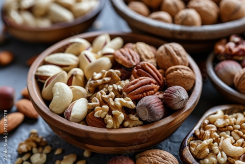Assorted Nuts in Wooden Bowls on Table