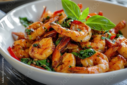 Shrimp and Spinach in a White Bowl