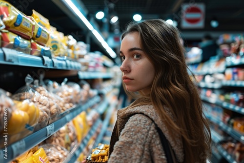 Woman Examining Food Options in Grocery Store