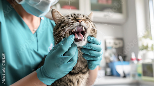 Cat in veterinary clinic, doctor check cats tooth. Dentistry for cats, Pet care concept. photo
