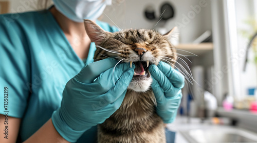 Cat in veterinary clinic, doctor check cats tooth. Dentistry for cats, Pet care concept. photo