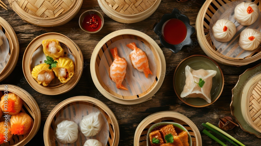 Delicious and nutritious dim sum, a quintessential Chinese dish, presented in bamboo bowls with a diverse array of variations Delicious and nutritious dim sum, a quintessential Chinese dish, presented in bamboo bowls with a diverse array of variations