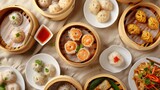 Delicious and nutritious dim sum, a quintessential Chinese dish, presented in bamboo bowls with a diverse array of variations