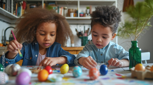 Kids painting Easter eegs at home kitchen  preparing for Easter celebration.