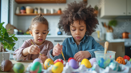 Kids painting Easter eegs at home kitchen, preparing for Easter celebration.