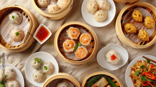 Delicious and nutritious dim sum, a quintessential Chinese dish, presented in bamboo bowls with a diverse array of variations
