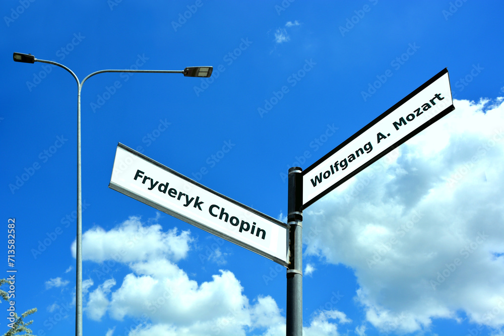 Obraz premium Street signs with names Fryderyk Chopin and Wolfgang Amadeus Mozart against the blue sky