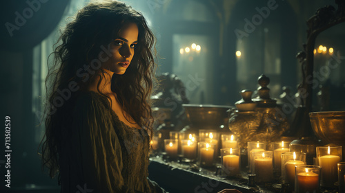 Mystical Reverie: Ethereal Woman in Antique Candlelit Room - Haunting Beauty Collection, AI-Generated
