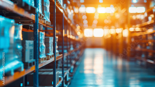 A warehouse filled with numerous shelves stocked with inventory during the golden hour, featuring a bokeh background