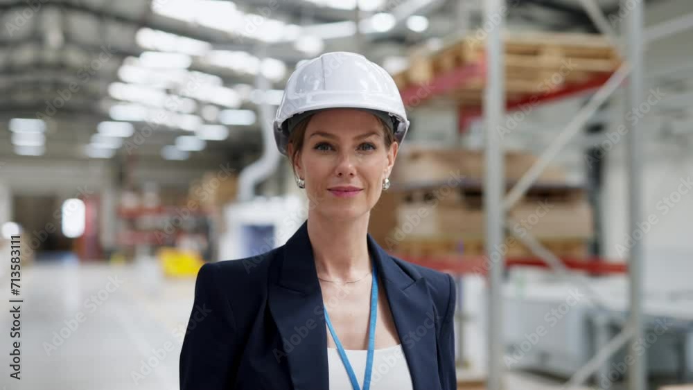 Female warehouse director standing in warehouse and looking at camera. Female warehouse director standing in warehouse and looking at camera.