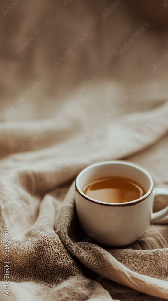 Close-up of a tea cup with plenty space for text nearby. Neutral background. Ideal for a personal and friendly morning greeting on Instagram stories Close-up of a tea cup with plenty space for text nearby. Neutral background. Ideal for a personal and friendly morning greeting on Instagram stories