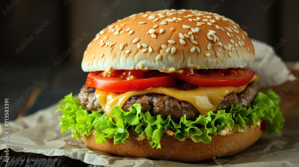 Hamburger with beef, tomato, lettuce, cheese, and onion. Fast Food with copy space Hamburger with beef, tomato, lettuce, cheese, and onion. Fast Food with copy space