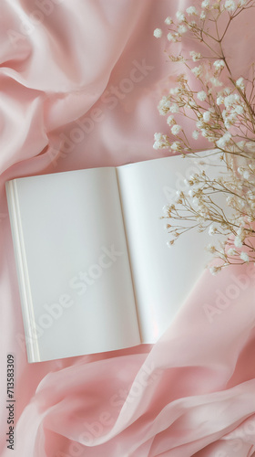 Elegant blank white open planner, pastel colour silk, pink aesthetic background for Instagram stories