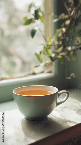 Close-up of a tea cup with plenty space for text nearby. Neutral background. Ideal for a personal and friendly morning greeting on Instagram stories 