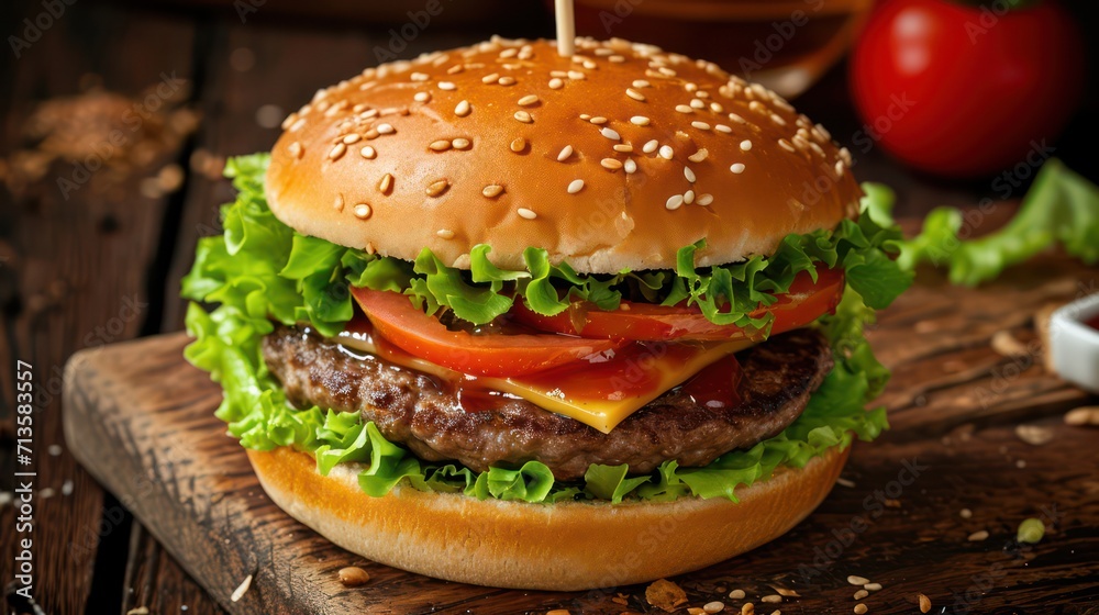 Hamburger with beef, tomato, lettuce, cheese, and onion. Fast Food with copy space Hamburger with beef, tomato, lettuce, cheese, and onion. Fast Food with copy space