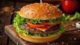 Hamburger with beef, tomato, lettuce, cheese, and onion. Fast Food with copy space