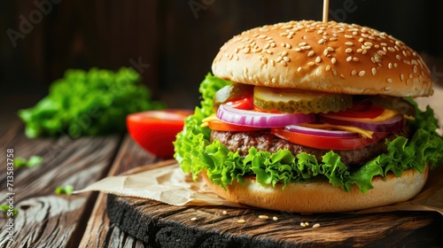 An image of a fast-food hamburger with beef, tomato, lettuce, cheese, and onion, providing space for additional text or design elements. 
