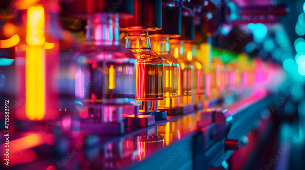 futuristic production line, illuminated by neon lights futuristic production line, illuminated by neon lights