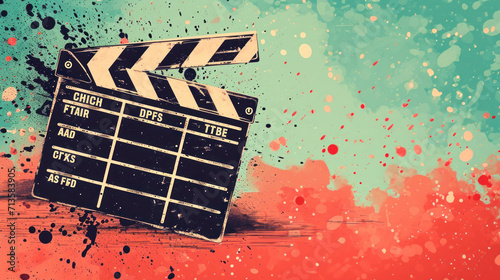 Colorful clapperboard on a splattered background, evoking the creative burst and vibrant energy that heralds the commencement of a film festival. photo