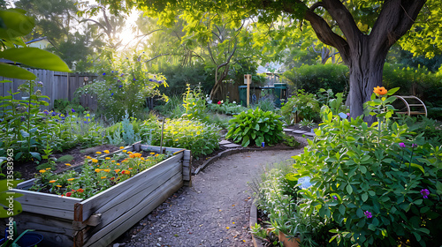 Um sereno jardim de quintal banhado pela suave luz da manhã exibe uma mistura de jardinagem sustentável e paisagismo ecológico © Alexandre
