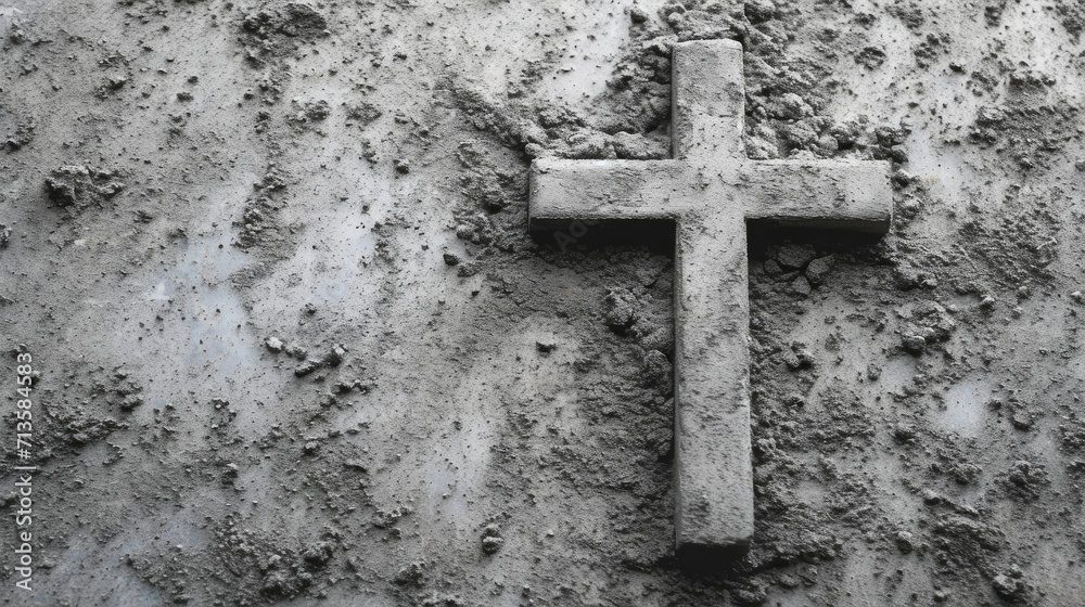 Ashes crucifix cross relief on concrete background. Ash Wednesday and Easter holiday concept