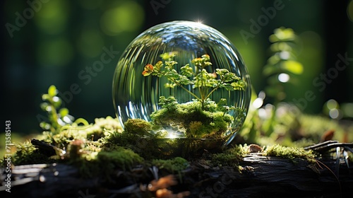 Crystal ball in forest, nature background. Earth day concept. Created with Generative AI