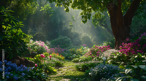 Um jardim sereno repleto de vida vegetal exuberante e vibrante convida a um sentido de tranquilidade e rejuvenescimento