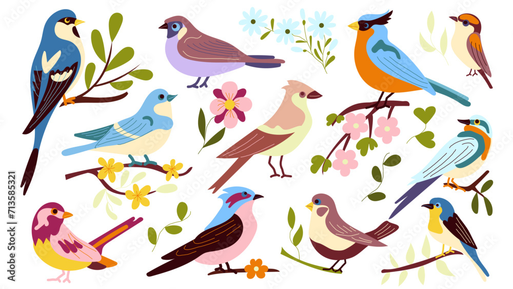 Set of 11 spring birds sitting on branches with flowers, a flat-style illustration hand-drawn, Cute stylized birds flowering branches. For the design and decor of spring greeting cards, posters
