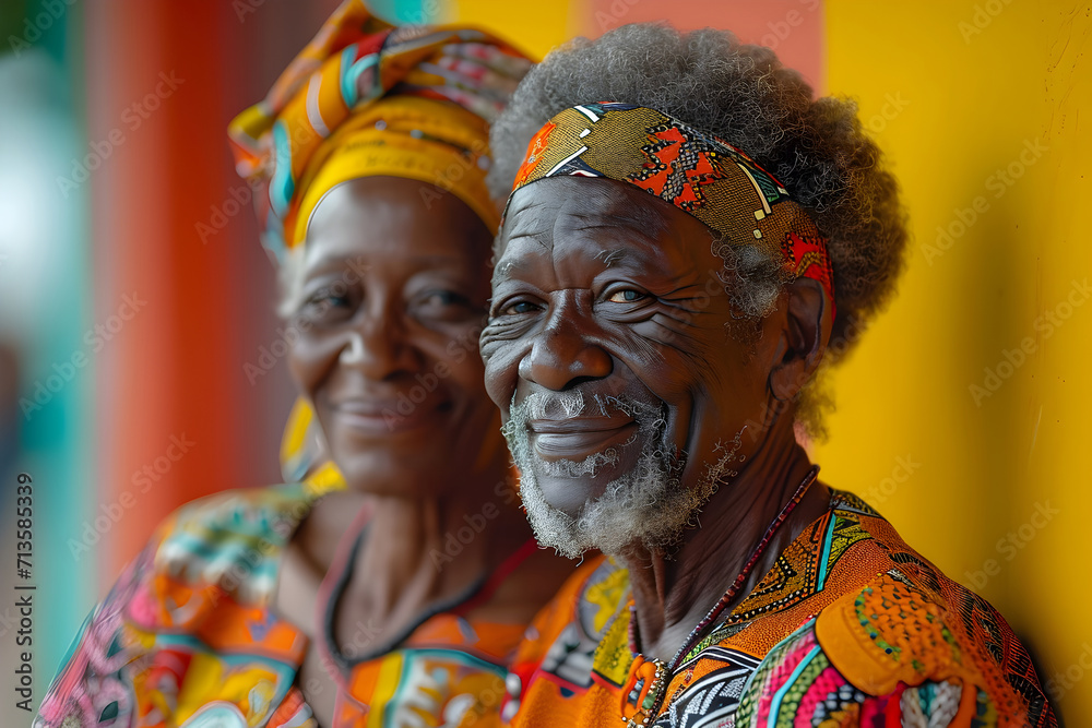 Black History Month banner with african-american elderly couple portrait in national clothes over red yellow green background. Juneteenth Freedom Day Celebration, african liberation day concept.