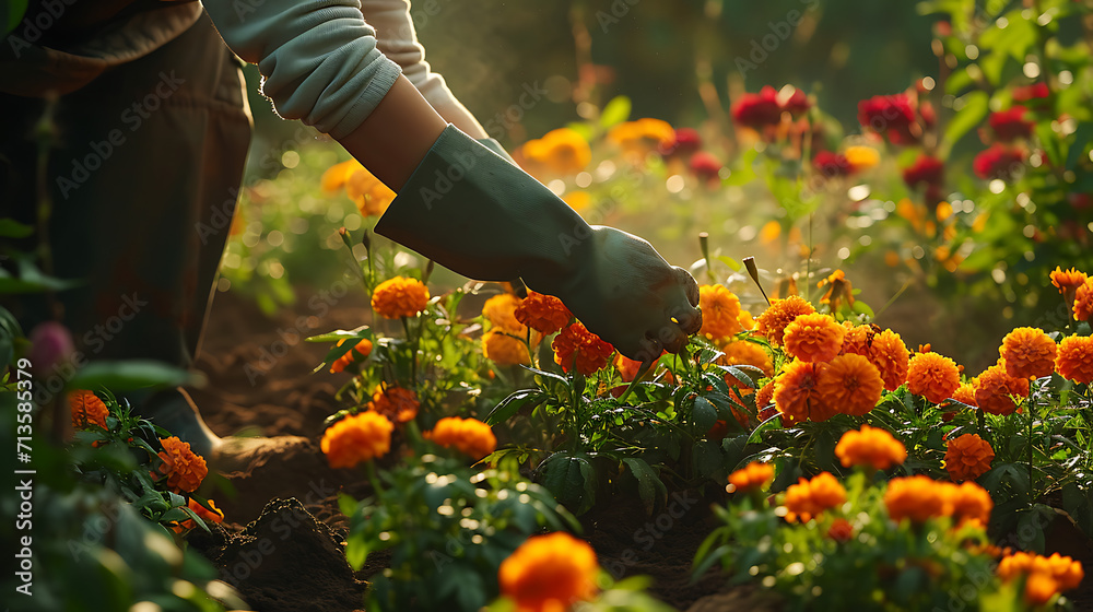 Um jardim sereno envolto nas suaves tonalidades da luz da manhã que lança um brilho dourado sobre as pétalas orvalhadas das flores em flor - obrazy, fototapety, plakaty 