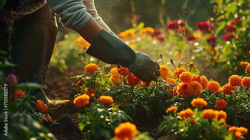 Um jardim sereno envolto nas suaves tonalidades da luz da manhã que lança um brilho dourado sobre as pétalas orvalhadas das flores em flor photo
