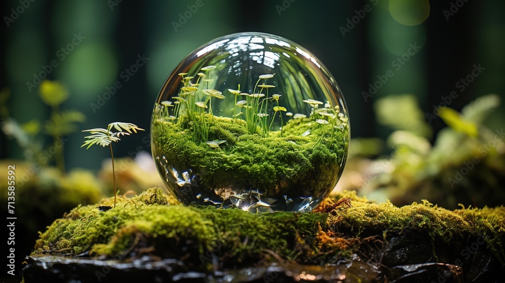 Crystal ball in forest, nature background. Earth day concept. Created with Generative AI