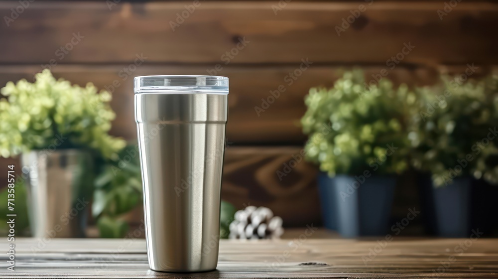 Stainless steel tumbler showcased on a wooden table for promotional purposes, offering a blank area for personalization.
Stainless steel tumbler showcased on a wooden table for promotional purposes, offering a blank area for personalization.