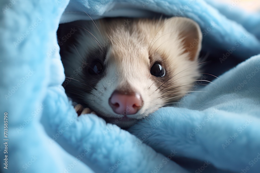ferret animal pet in cozy light blue blanket closeup