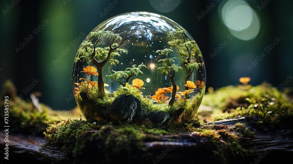 Crystal ball in forest, nature background. Earth day concept. Created with Generative AI Crystal ball in forest, nature background. Earth day concept. Created with Generative AI