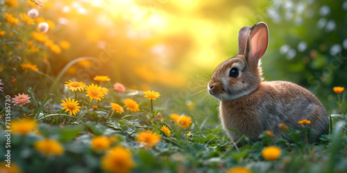 Cute bunny sitting on green field, spring meadow flowers, nature background. Easter concept with rabbit.