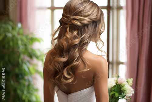 Back view of bride with romnatic long hair in bridal hairstyle
