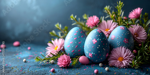 Easter banner with colorful blue eggs and pink gerbera daisy spring flowers on dark blue background. Easter holiday concept with traditional springtime decoration and copy space.