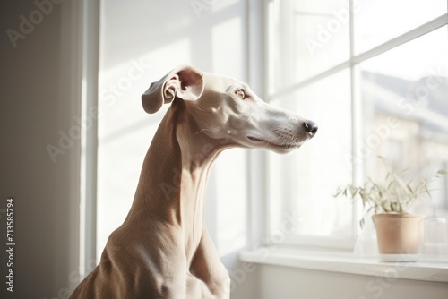 beige galgo or whippet at minimal scandinavian home interior of apartment. Hunting dog breed.