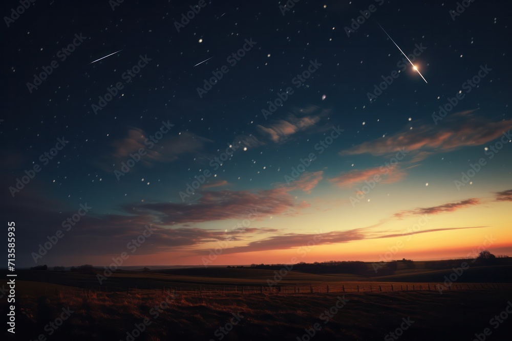 shooting stars in the night sky landscape background at dusk. Meteorite rain.