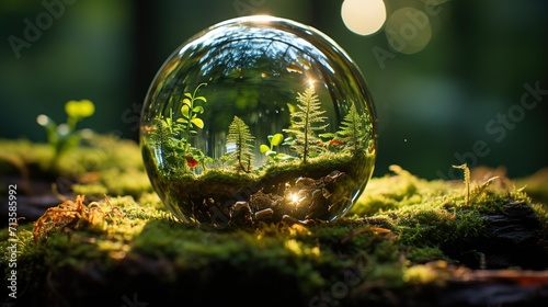 Crystal ball in forest, nature background. Earth day concept. Created with Generative AI photo