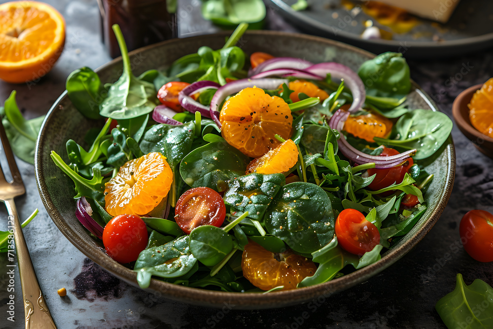 Close up of fresh salad with red onion, cherry tomatoes, spinach, orange, tangerine and clementine, dressing or olives oil on dark gray concrete background. Healthy and balanced food. Close up of fresh salad with red onion, cherry tomatoes, spinach, orange, tangerine and clementine, dressing or olives oil on dark gray concrete background. Healthy and balanced food.