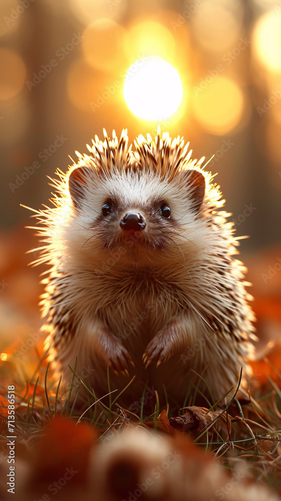 hedgehog in the forest, sunlight streaming through the trees, lush grass, golden hour enchantment, peaceful woodland scene