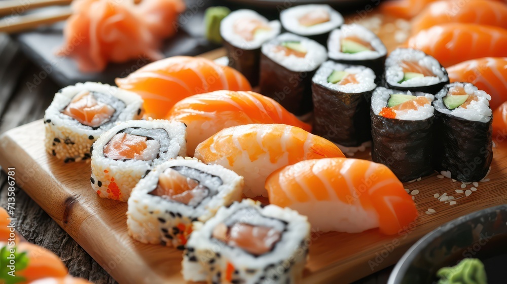 A stunning photo showcasing sushi, a delicious and healthy traditional Japanese dish, adorned with a variety of toppings and variations.
A stunning photo showcasing sushi, a delicious and healthy traditional Japanese dish, adorned with a variety of toppings and variations.