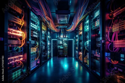 High-performance network devices linked by numerous cables in a server room with computer apparatus shelves. Generative AI