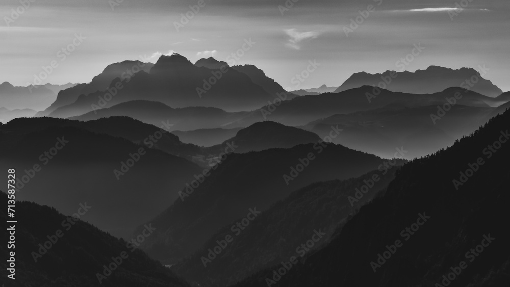 monochrome view from Wilder Kaiser towards Loferer Steinberge mountains, Tyrol, Austria - obrazy, fototapety, plakaty 