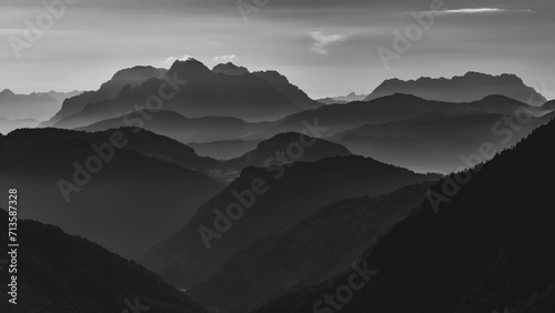 monochrome view from Wilder Kaiser towards Loferer Steinberge mountains, Tyrol, Austria photo