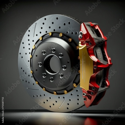 Brake Disc and Calliper from a Racing Car isolated on gray background