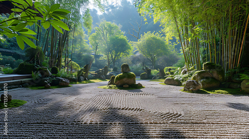 Um tranquilo jardim zen apresenta cascalho cuidadosamente cultivado cercado por vegetação exuberante e ornamentadas esculturas de pedra cobertas por musgo photo