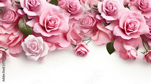 Decorative web banner. Close up of blooming pink roses flowers and petals isolated on white table background. Floral frame composition. Empty space.